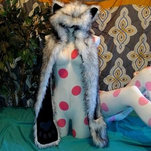 Wolf hat with ear muffs and long gloves mittens white black fur ears for winter